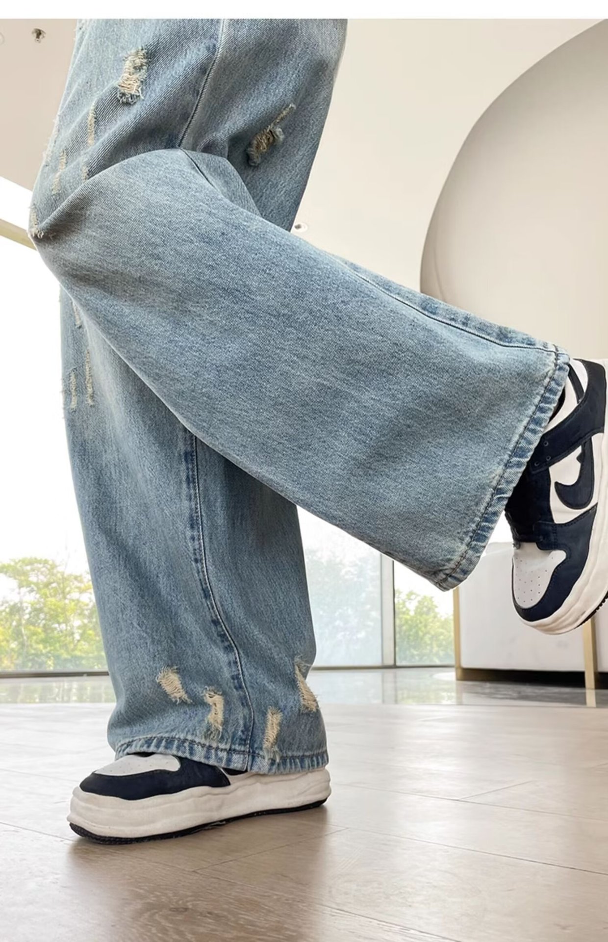 大码复古水洗磨白牛仔裤女春秋新款高腰胖mm宽松显瘦阔腿拖地裤子详情29