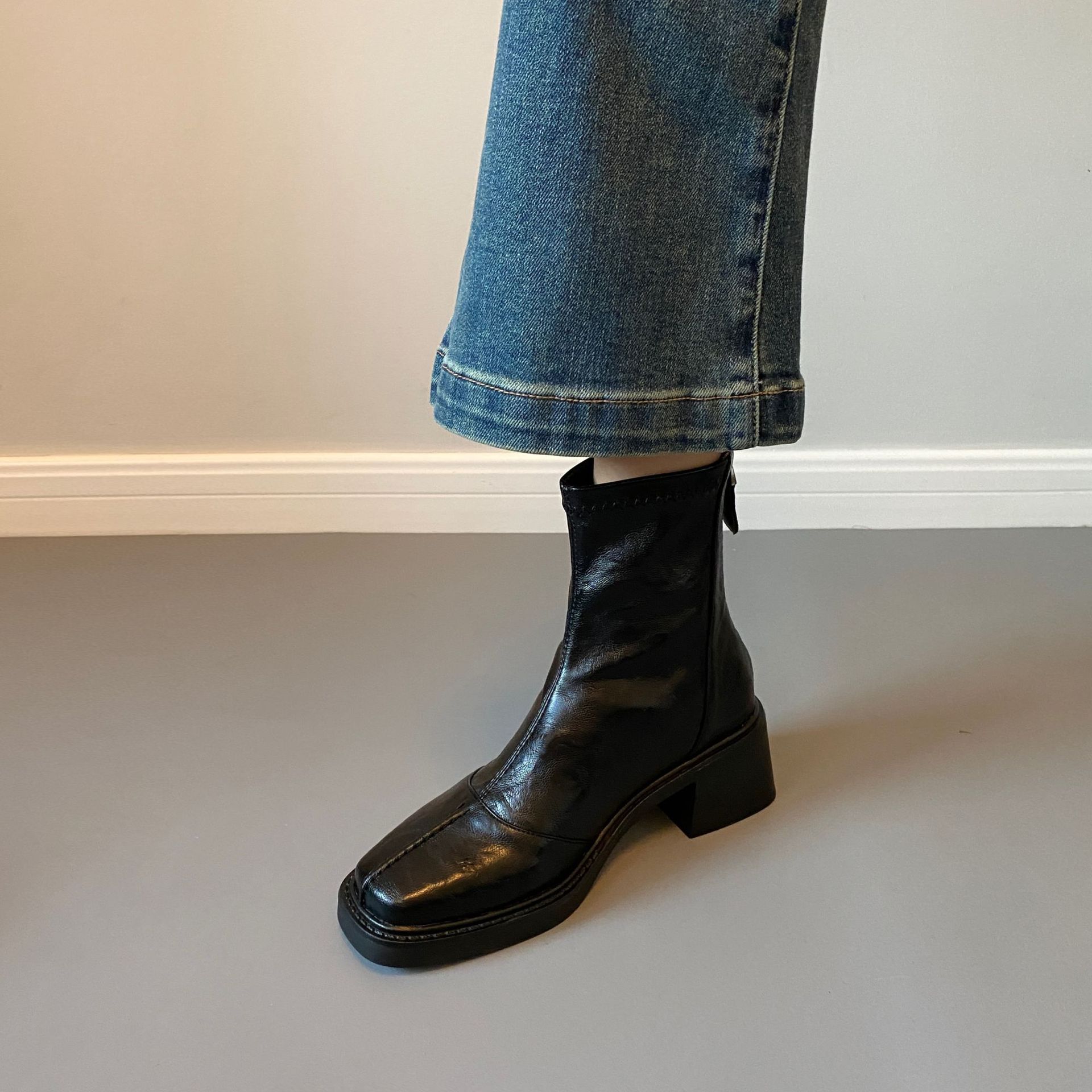 【现货】高跟方头短靴马丁靴春秋季单靴后拉链短靴女士粗跟靴子详情6