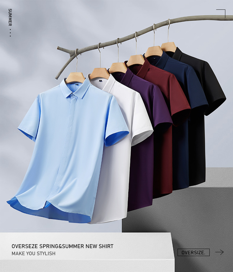 宽松大码男士短袖衬衫肥佬夏季商务休闲薄款纯色衬衣胖哥加肥寸衫详情5