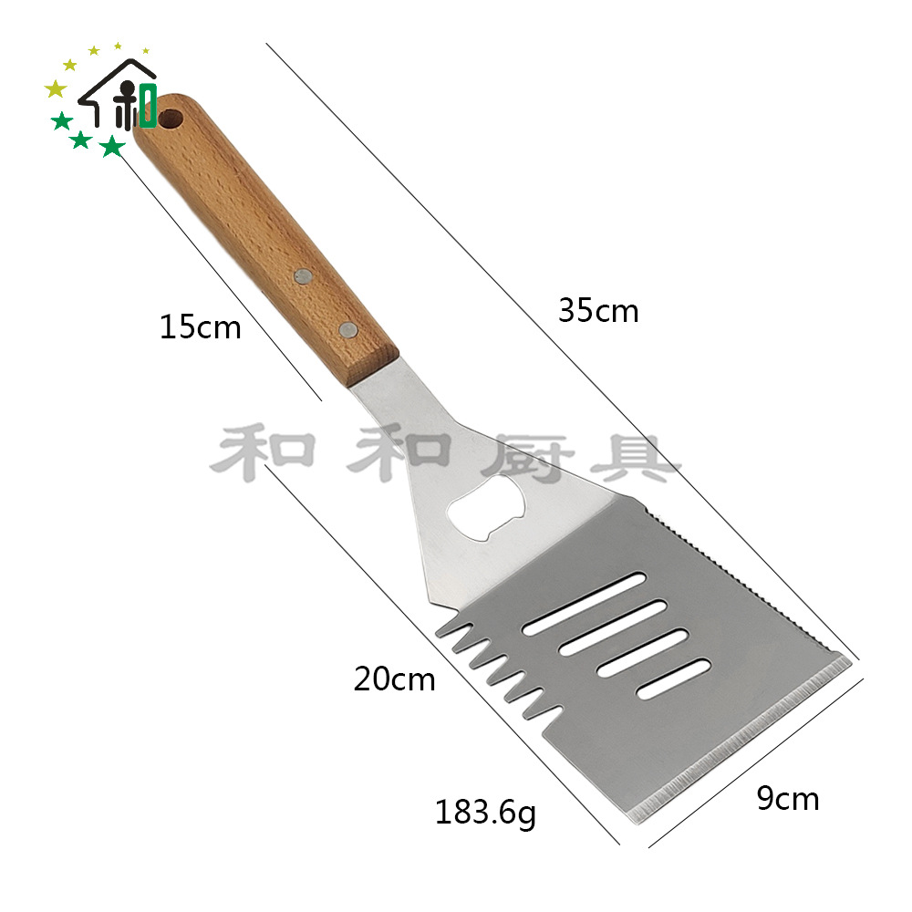 木柄不锈钢斜口料理铲煎铲烧烤铁刷烧烤工具铲子铁板烧炒牛排扒铲详情5