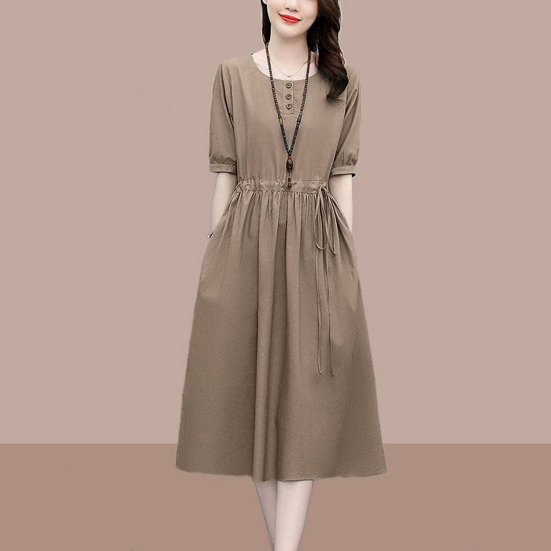 Mid-length cotton and linen dress for women, new summer 2024, high-end and elegant, waist-cinching, slimming and belt-covering A-line dress pic 8