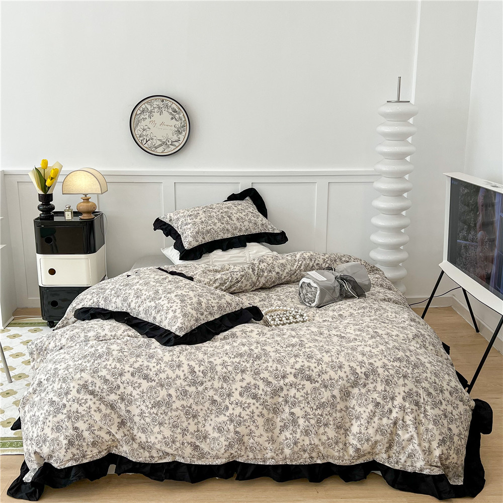 French Hepburn style pure cotton four-piece set, high-end feel, pure cotton black and white sketch flower duvet cover, all-cotton edge bedding pic 46