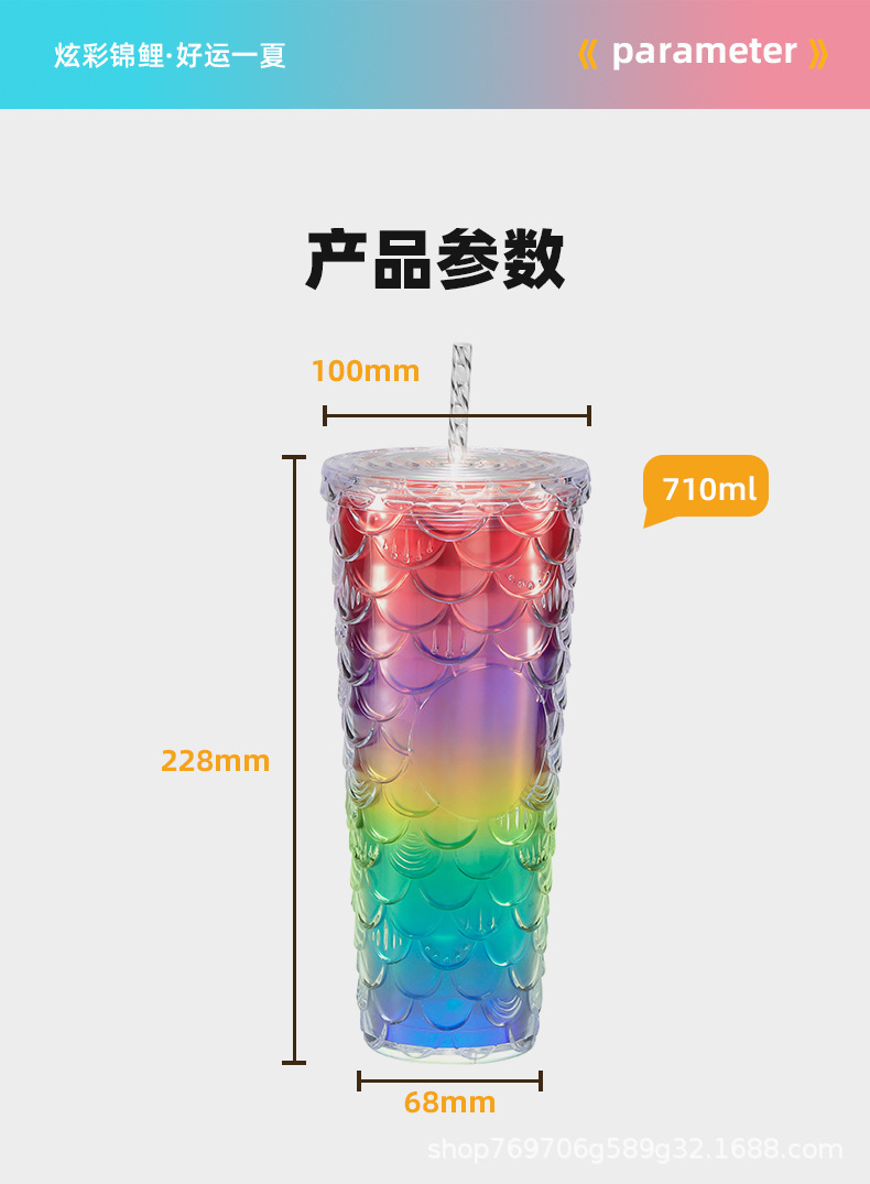 双层塑料吸管榴莲杯可印logo款网红高颜值炫彩渐变镭射双层吸管杯详情14