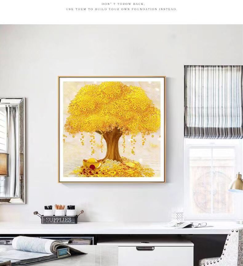 2024年新款5d钻石画客厅玄关发财树满钻黄金满地十字绣贴钻详情6