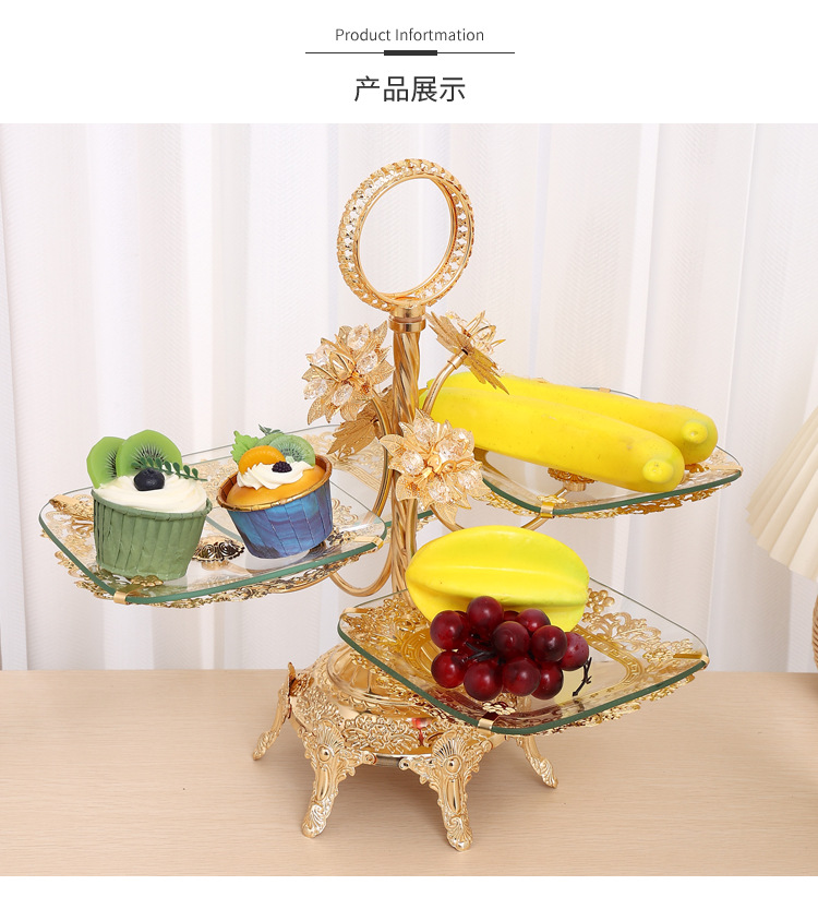 European-style ironwork glass fruit plate, high-end creative coffee table for home living room, snack and dried fruit display plate, dessert stand pic 3