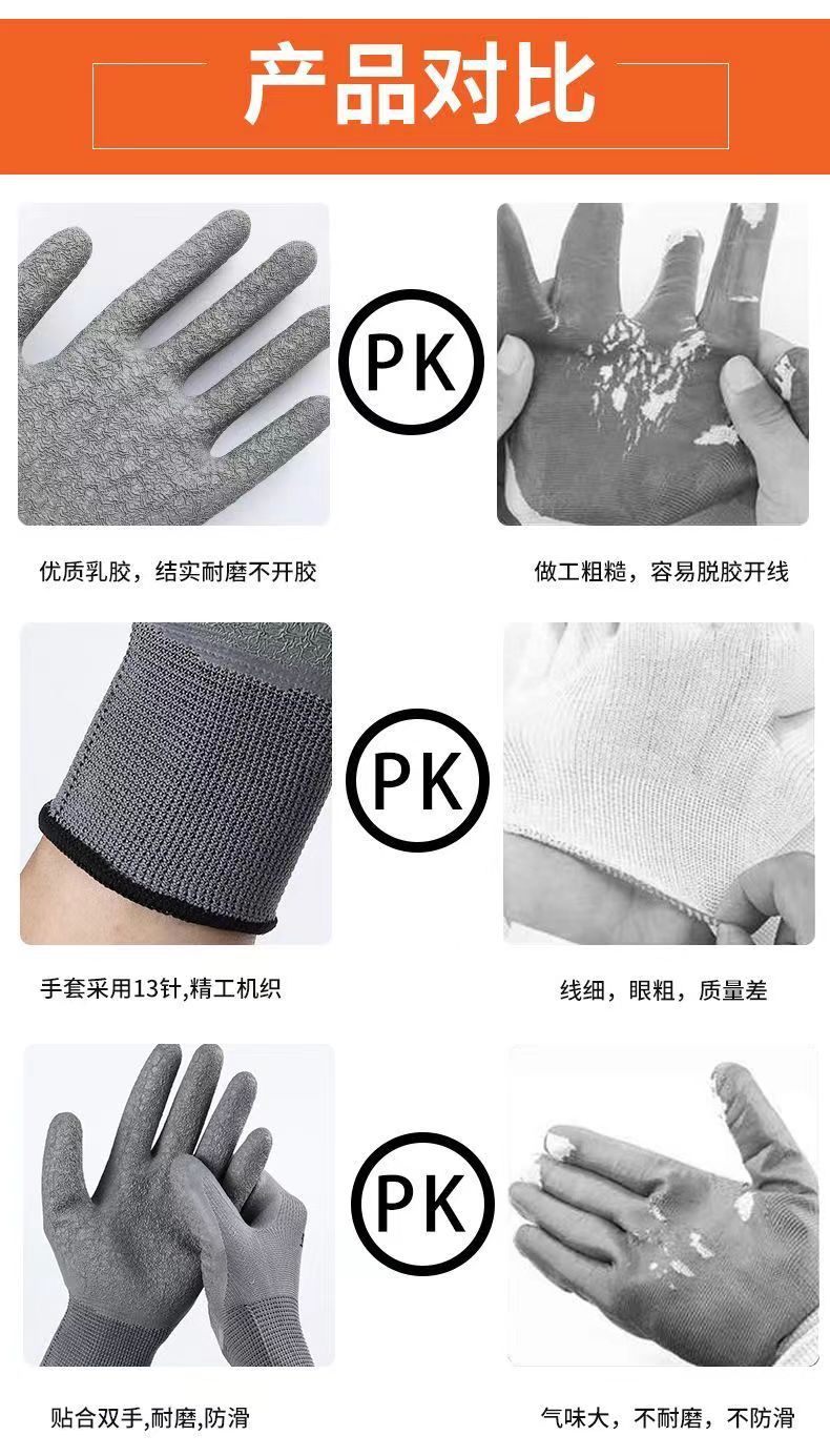 Wholesale of 13-needle nylon thread crepe wear-resistant and anti-slip fully impregnated rubber latex breathable rubber gloves pic 5