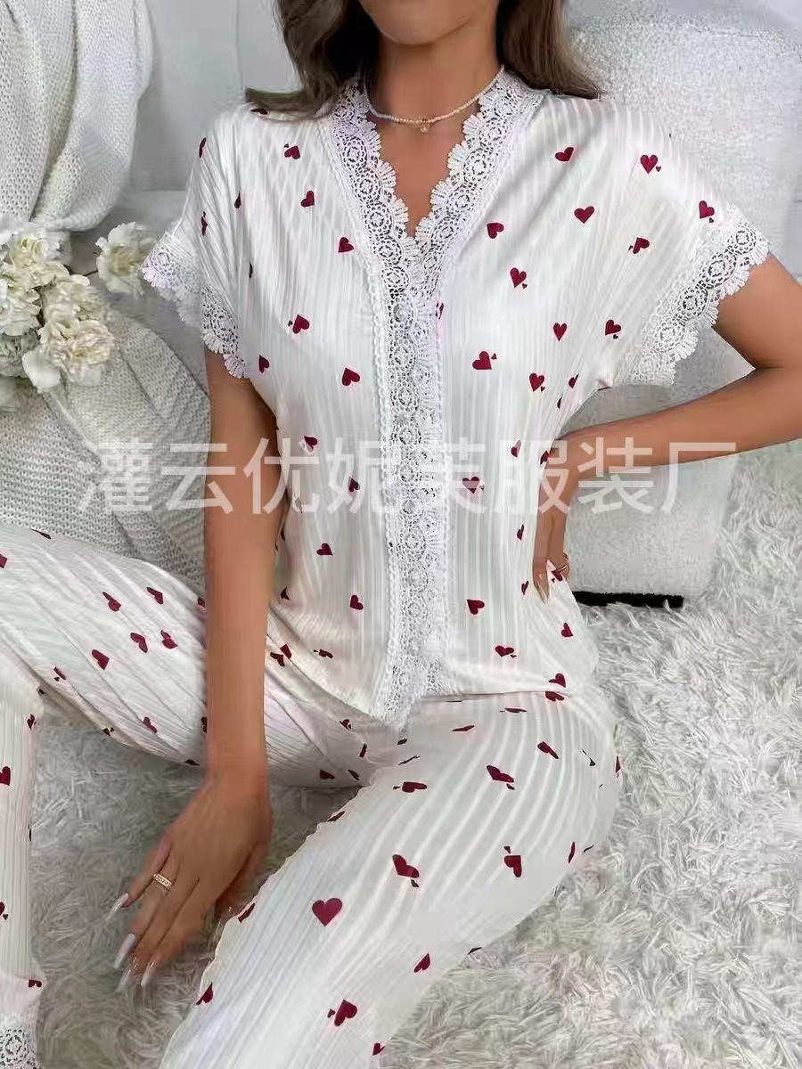 2024跨境V领爱心睡衣女套装秋季新款高级感心形装家居服两件套装详情2