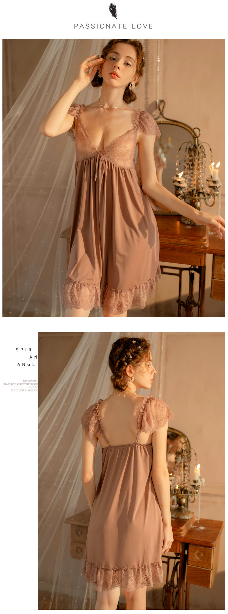 雅尼纺YANNI2024新款睡衣女春夏季性感蕾丝镂空吊带纯欲风网纱家居服一件代发详情4