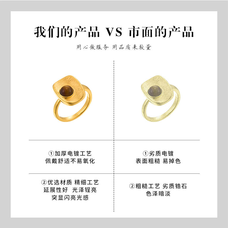 Light luxury retro geometric square brushed open ring, copper alloy real gold electroplated natural stone adjustable index finger ring pic 18