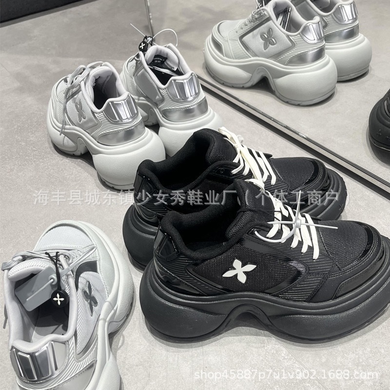 高版本2024新款涟漪网面厚底休闲鞋系带运动鞋女鞋十字花老爹鞋女详情12