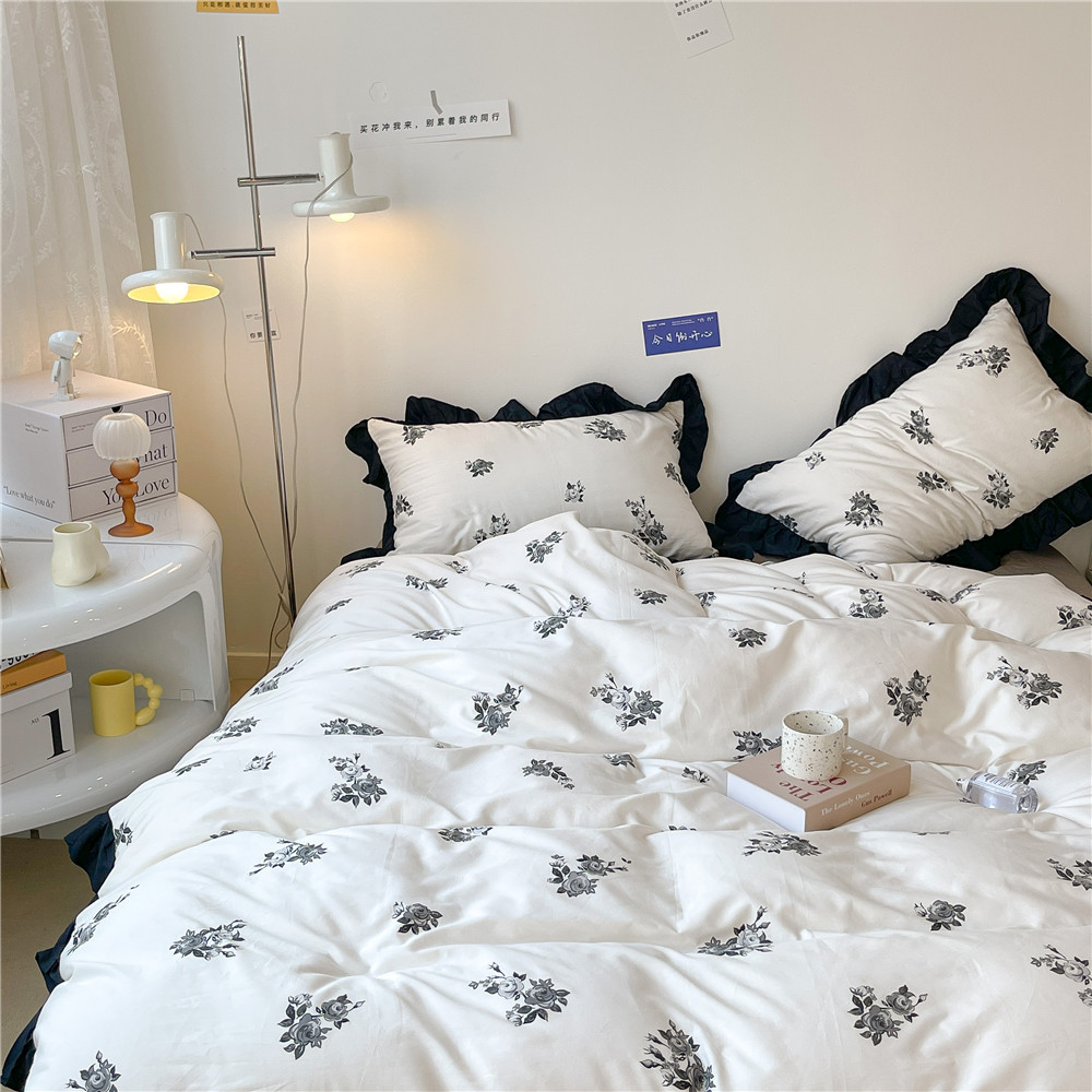 French Hepburn style pure cotton four-piece set, high-end feel, pure cotton black and white sketch flower duvet cover, all-cotton edge bedding pic 42