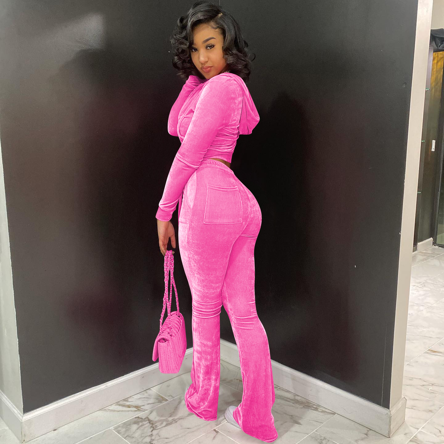 Solid color gold velvet wide-leg pants two-piece set pic 46