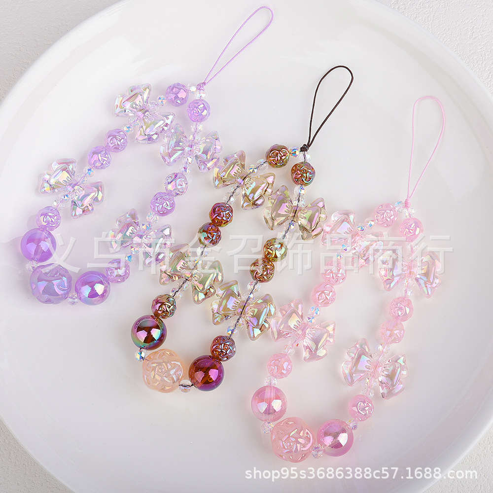2024 New color-plated bow phone chain, fashionable and fresh phone case lanyard, anti-loss and anti-drop wrist strap for girls pic 1