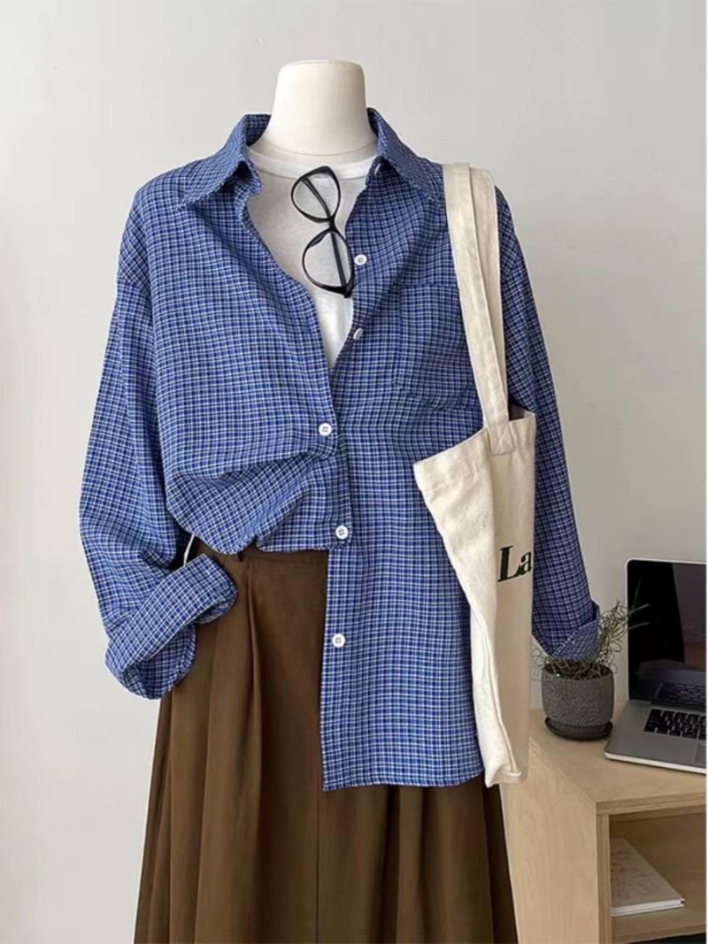 新款美式复古长袖蓝色格子衬衫慵懒宽松显瘦百搭秋季衬衣上衣外套详情5