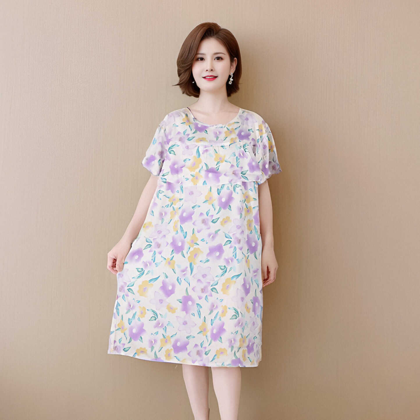 45支放凸点荷叶边碎花短袖连衣裙女夏宽松显瘦妈妈中老年减龄裙子详情6