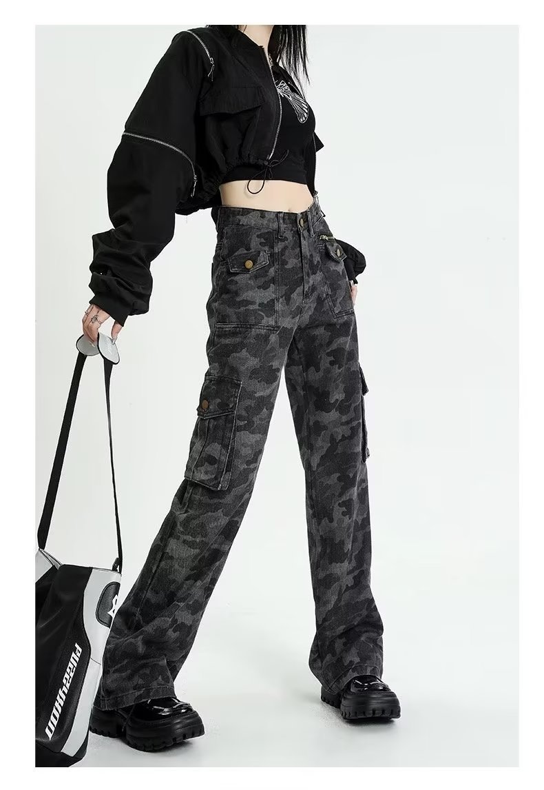 迷彩工装裤女美式高个子牛仔裤子辣妹阔腿裤迷彩服显瘦复古迷彩裤详情9