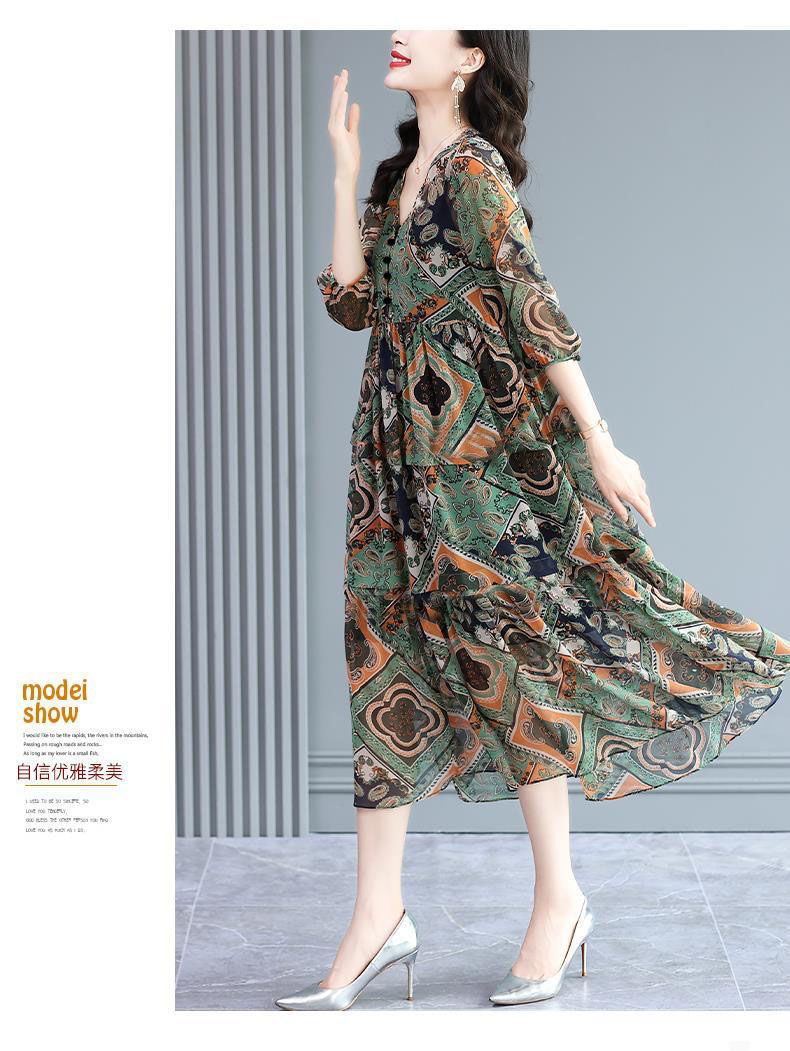 时尚气质中老年女装2023夏季新款大码宽松显瘦复古印花短袖连衣裙详情7