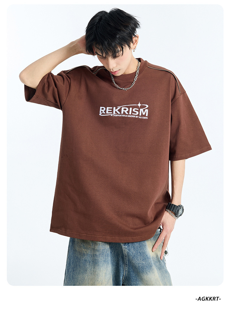 Heavy cotton short-sleeved T-shirt for men, Spring/Summer 2025, American letter print zipper design, loose and versatile base layer pic 13