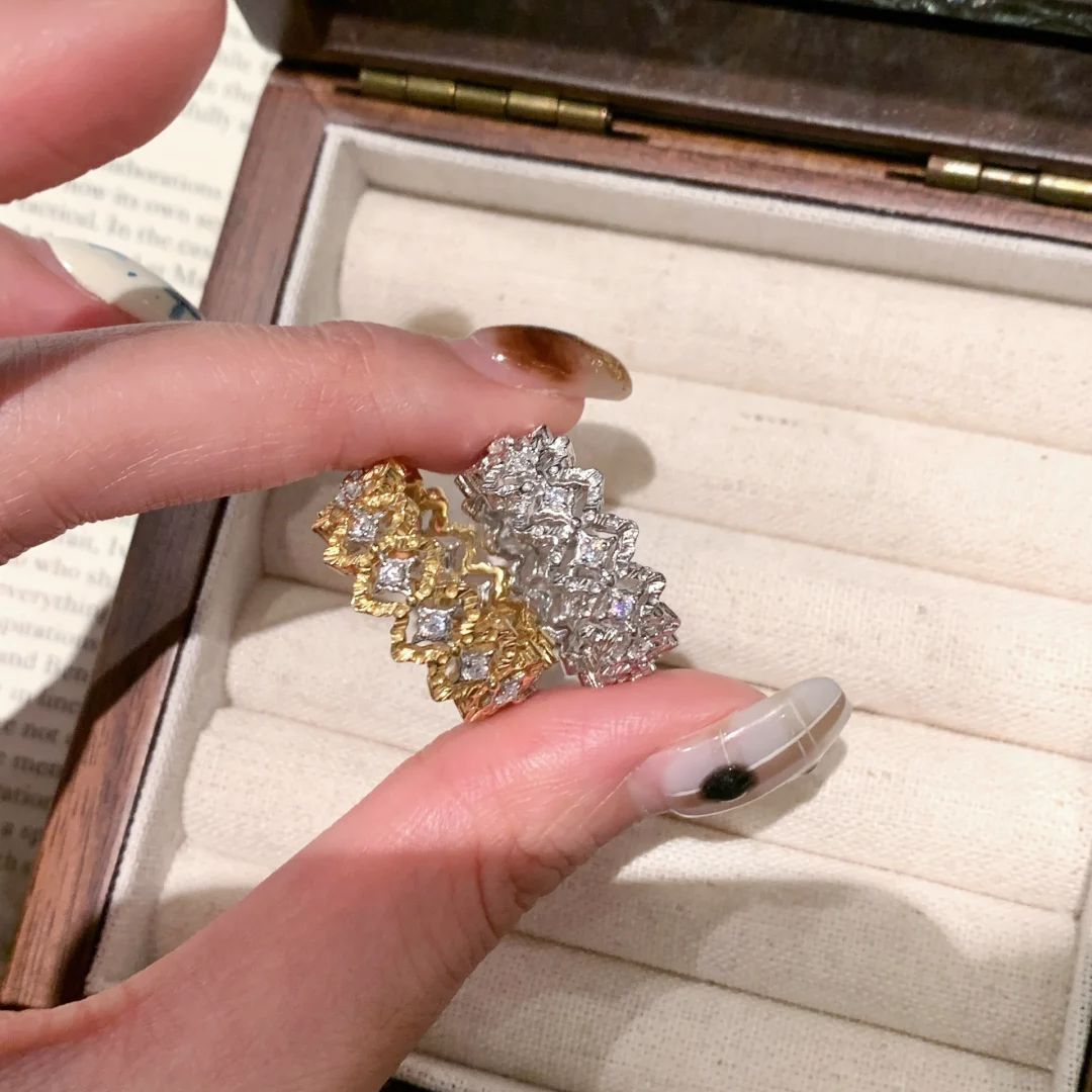 意大利布契风蕾丝花边戒指Vintage中古拉丝菱格镂空调金镶钻指环戒指饰品详情6