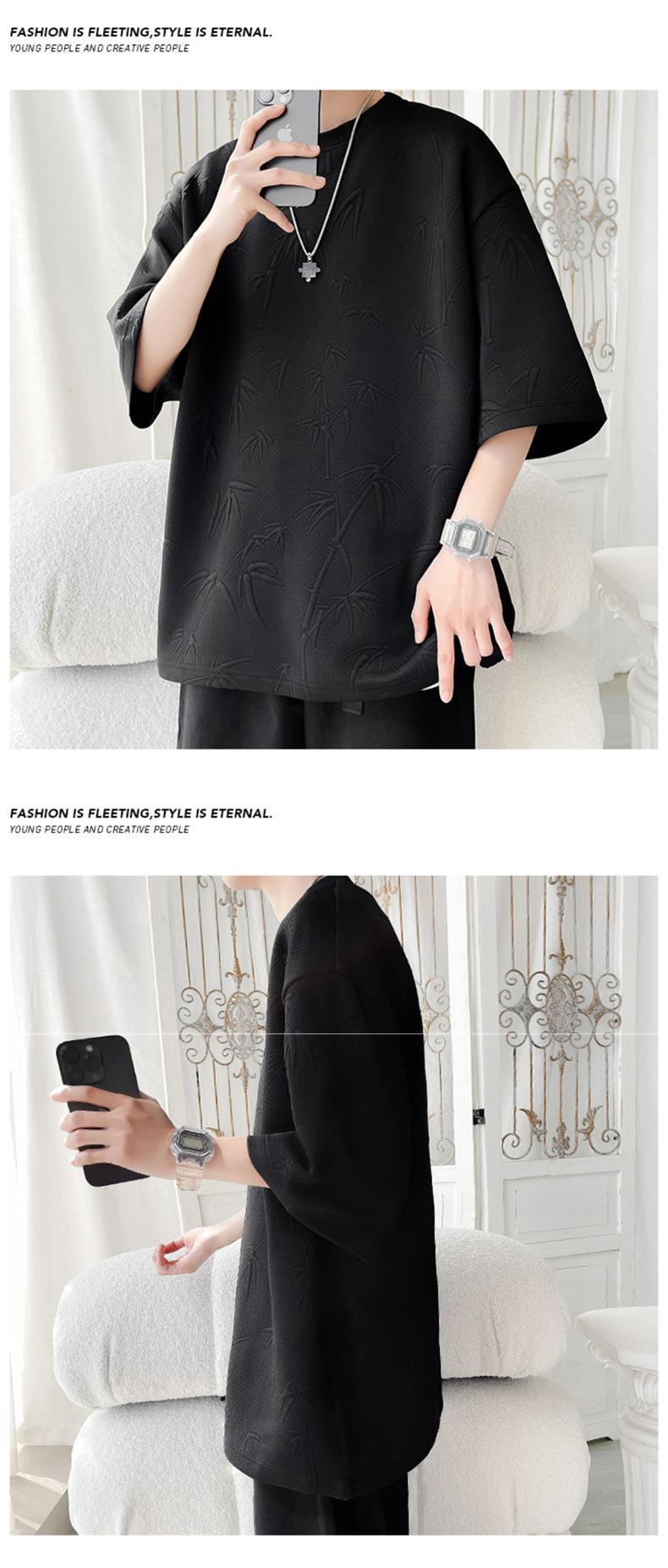 New Chinese-style short-sleeved T-shirt for men, 2024 summer, Bamboo trendy brand base, loose five-and-a-half-sleeved for students pic 6