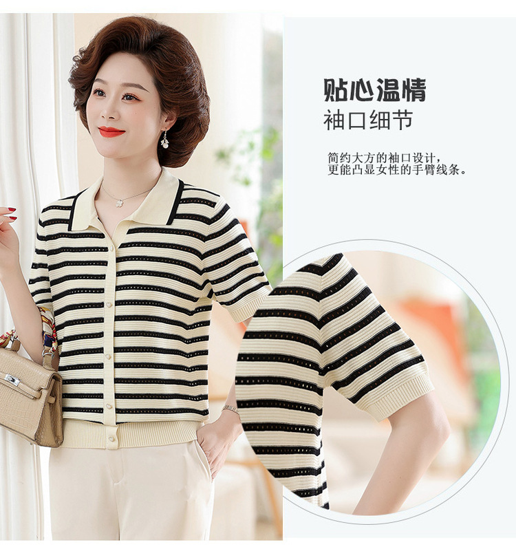2024新款妈妈夏装短袖T恤中老年女冰丝条纹上衣洋气薄款小衫套装详情4