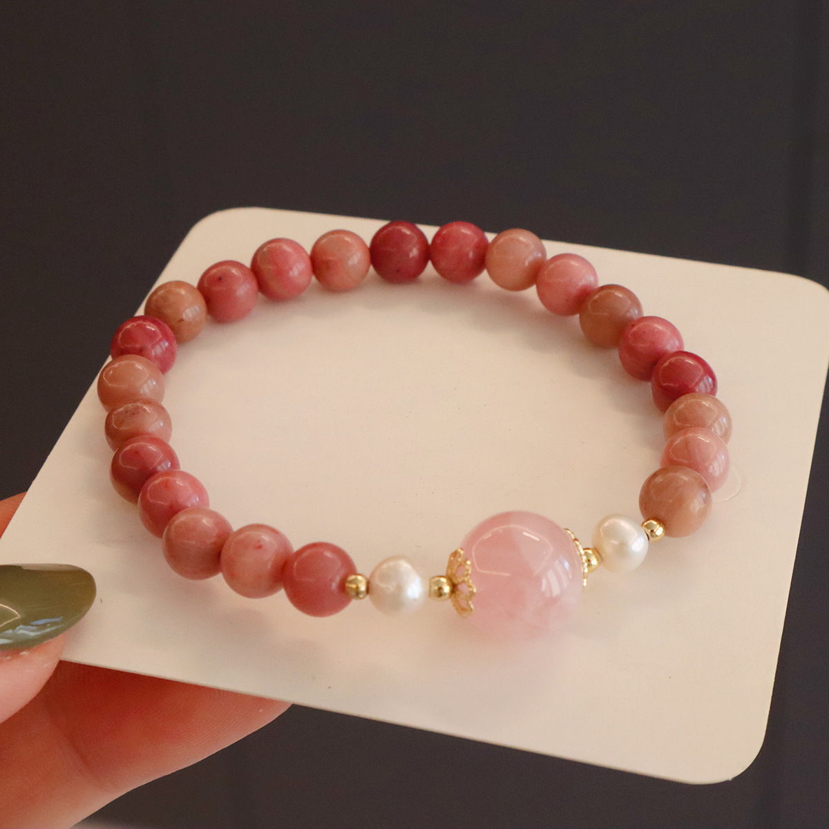 红纹石手链天然淡水珍珠玉髓高级感天然石手串女平安扣星星设计详情6