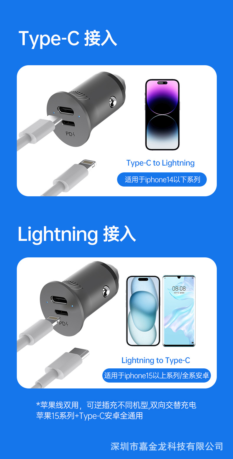 车载充电器快充60w快充头适用华为/苹果手机汽车点烟器转接充电器详情3