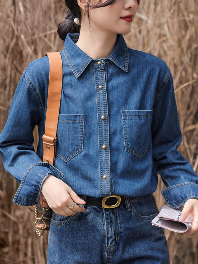 牛仔衬衫女2024春秋新款百搭蓝色韩版时尚休闲宽松翻领大码衬衣详情7