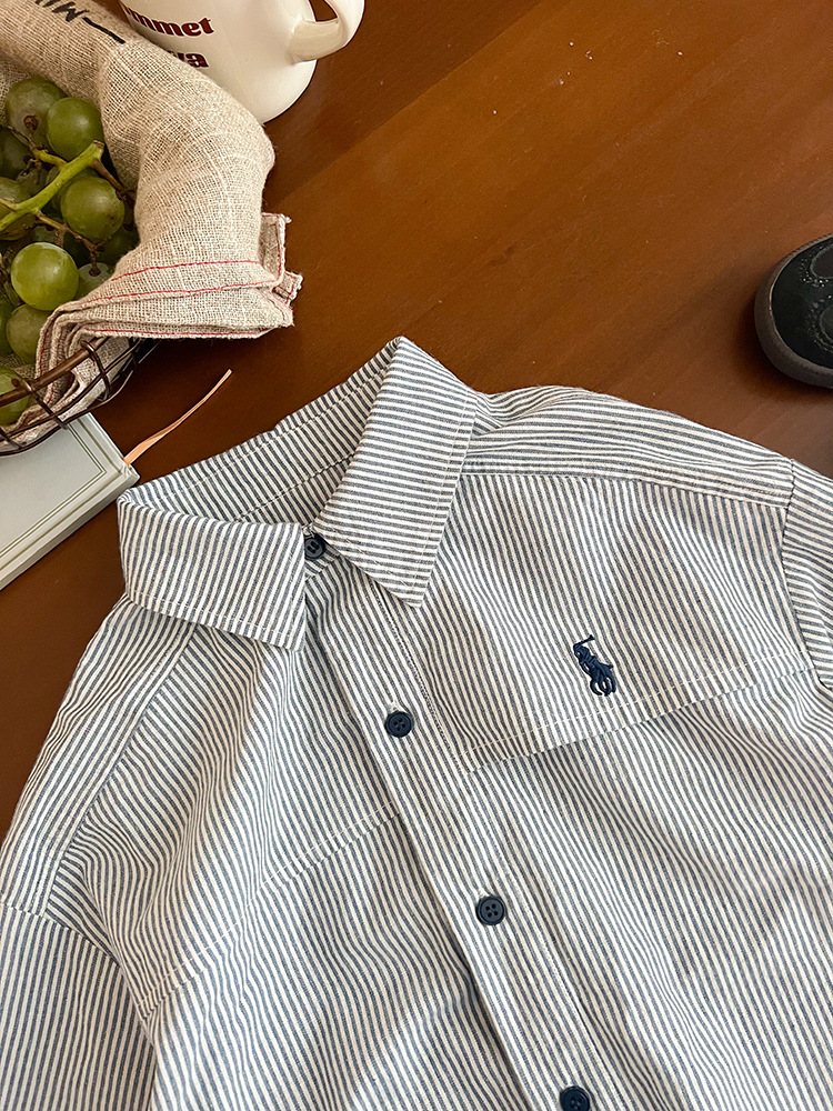 艾摩贝贝2024秋男女童竖条纹刺绣水洗全棉衬衫中大童气质翻领上衣详情6