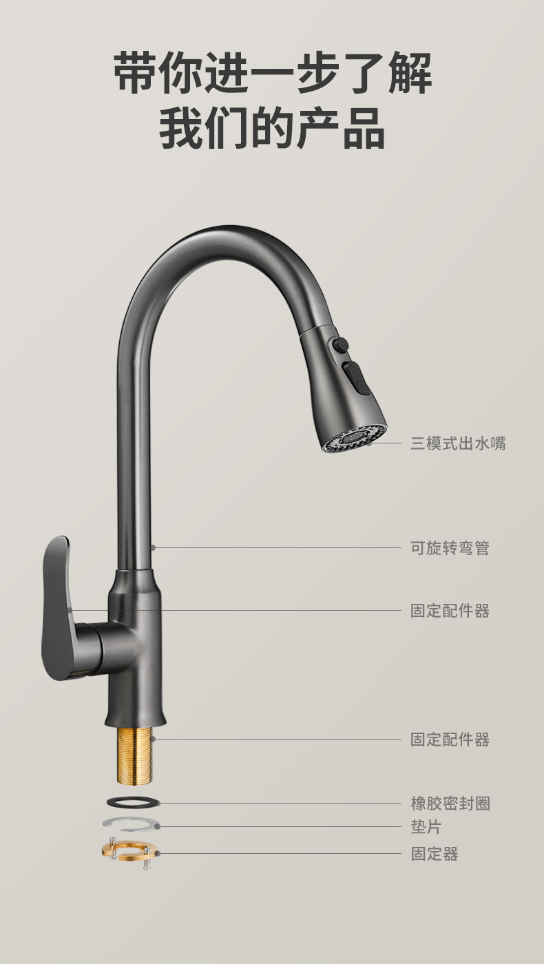 铂美雅抽拉式厨房冷热水龙头洗菜盆洗碗池水槽家用黄铜防溅伸缩龙详情14