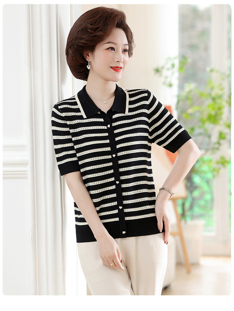 2024新款妈妈夏装短袖T恤中老年女冰丝条纹上衣洋气薄款小衫套装详情12