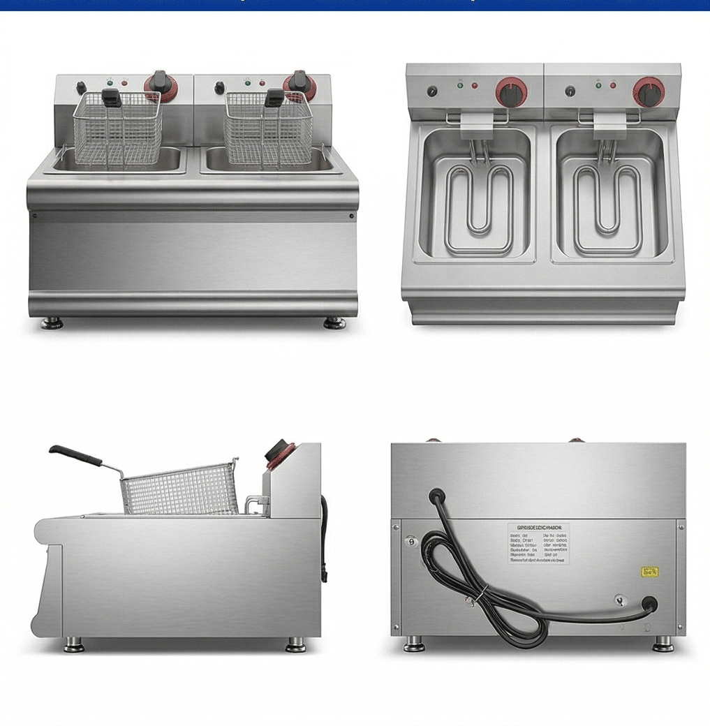 Kaiping desktop double-cylinder double-sieve electric fryer, 8+8L, frying basket, oil, French fries, fryer, snack machine, semi-automatic temperature control pic 3