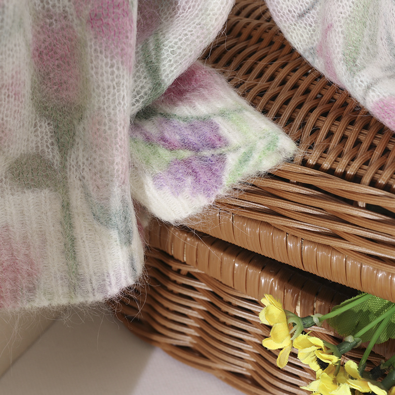 Flower Fairy Watercolor printed long-haired alpaca wool knitted sweater for spring, new wool round-neck pullover sweater for women pic 14