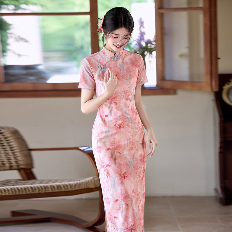 国潮粉色国风传统中式长款旗袍改良年轻款2025新款女复古修身短袖夏季详情11