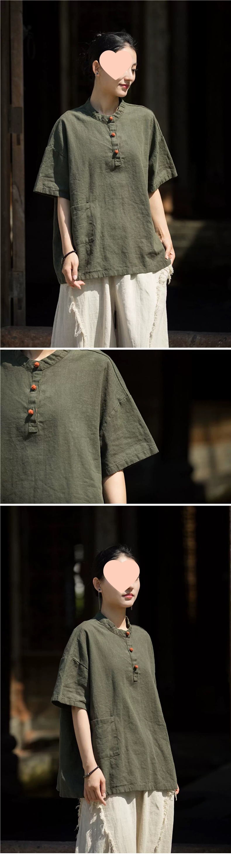 中国风立领盘扣棉麻短袖T恤女2025新款夏季宽松文艺禅意茶服上衣详情7