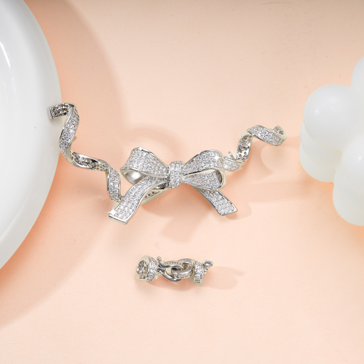 Copper plated with palladium and white gold, slightly inlaid with zirconium bow tassels, connecting buckle, pearl necklace clasp, DIY jewelry accessory pic 10