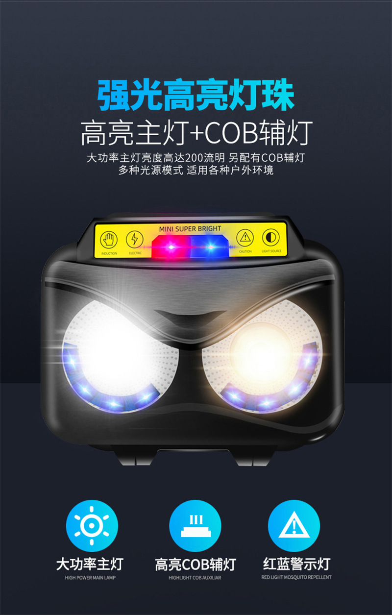 跨境多功能感应头灯强光轻型警示灯户外工作骑行夜跑钓鱼小头灯详情6
