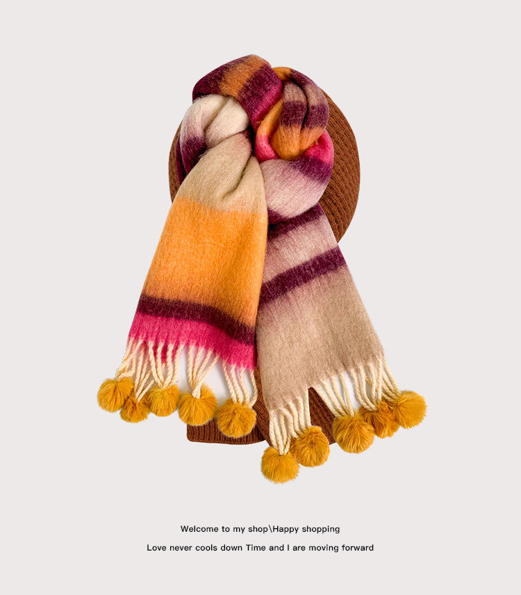多巴胺彩虹条纹马海毛围巾女冬季软糯保暖仿兔毛毛球长款披肩围脖详情9