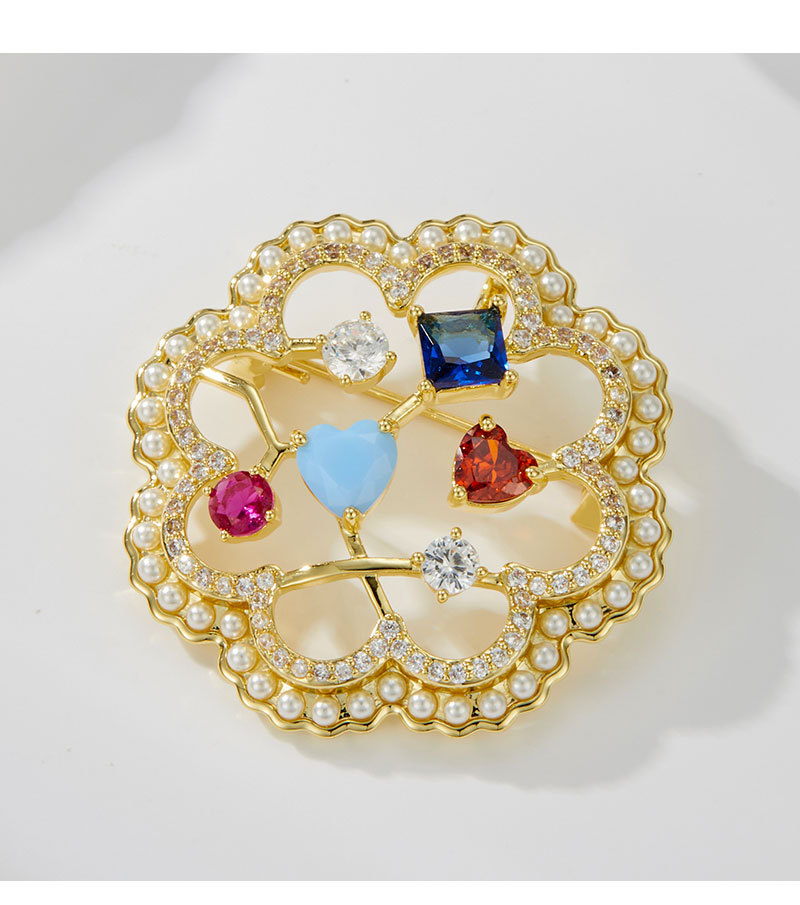 Sweet and exquisite colored gemstone hollowed-out flower brooch, copper alloy micro-inlaid zircon, light luxury and high-end dress brooch pic 18