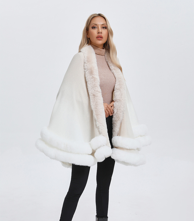 厂家定制 外贸亚马逊双层毛领斗篷披肩仿狐狸毛毛领披风加工开衫详情9