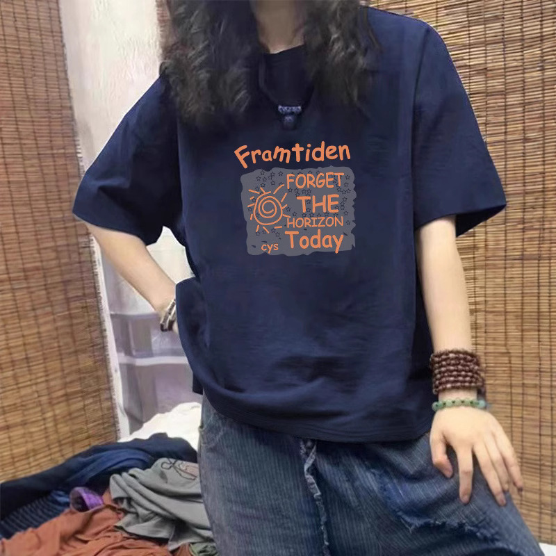 夏季新款纯棉藏青色短袖T恤女大码宽松ins高街个性显瘦打底衫上衣详情3