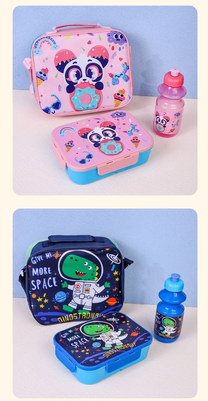 跨境热卖儿童可爱手提水杯饭盒套装厂家学生卡通分格便当盒餐包详情9