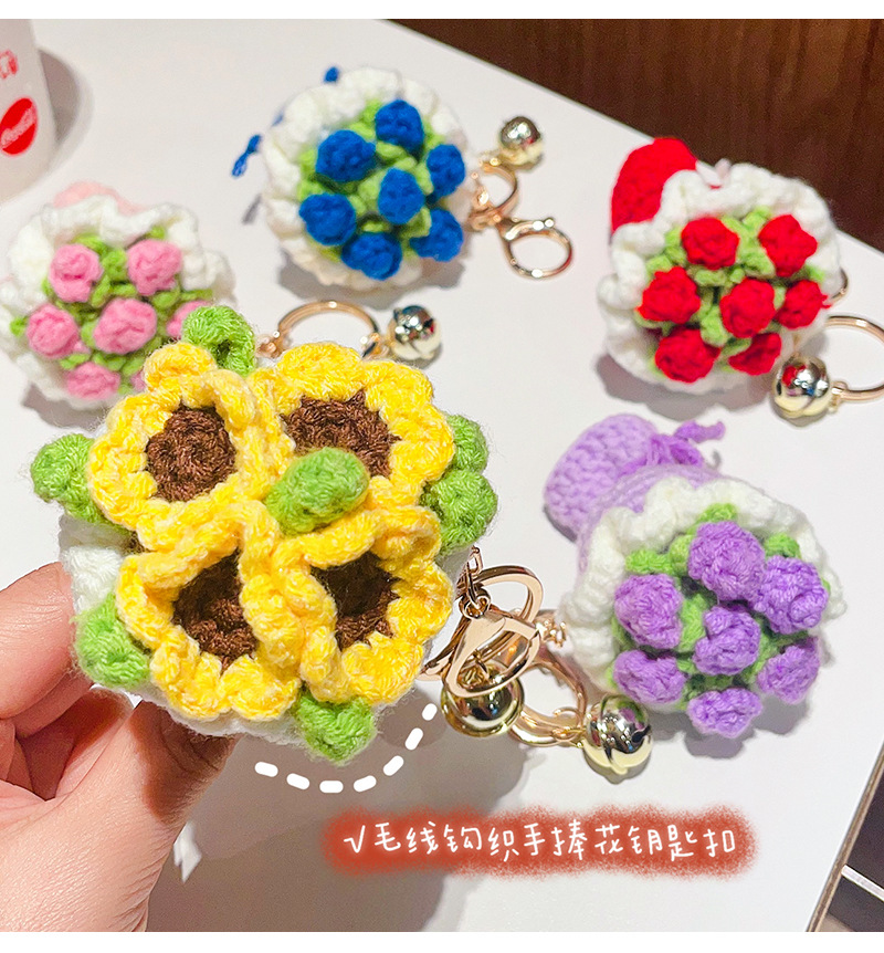 Woolen hand-held bouquet sunflower keychain pendant, artificial rose hand-crocheted ins-style bag hanging accessory pic 9