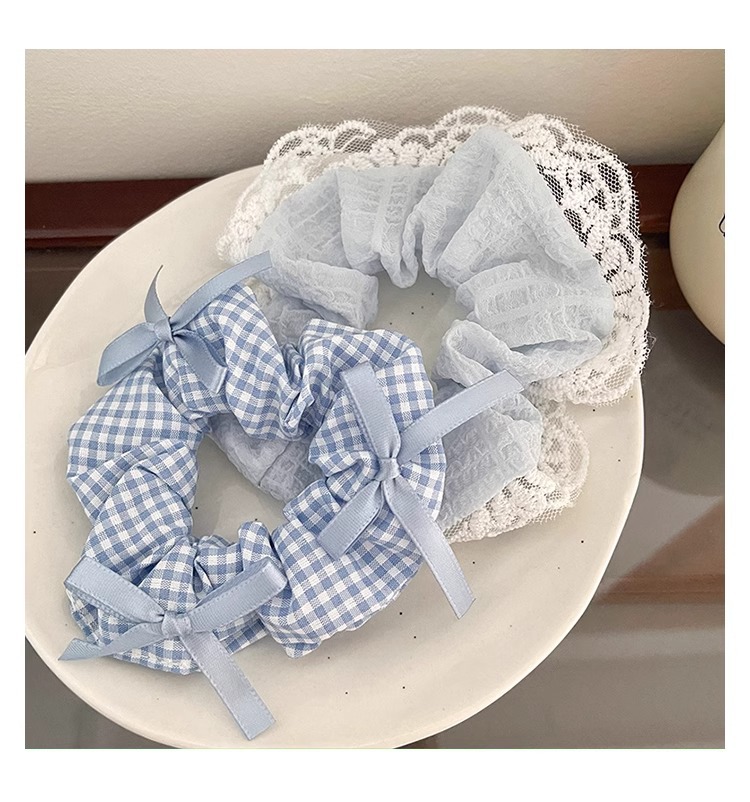 蓝色小清新蝴蝶结大肠发圈女蕾丝花边扎高马尾发绳高颜值皮筋头绳详情18