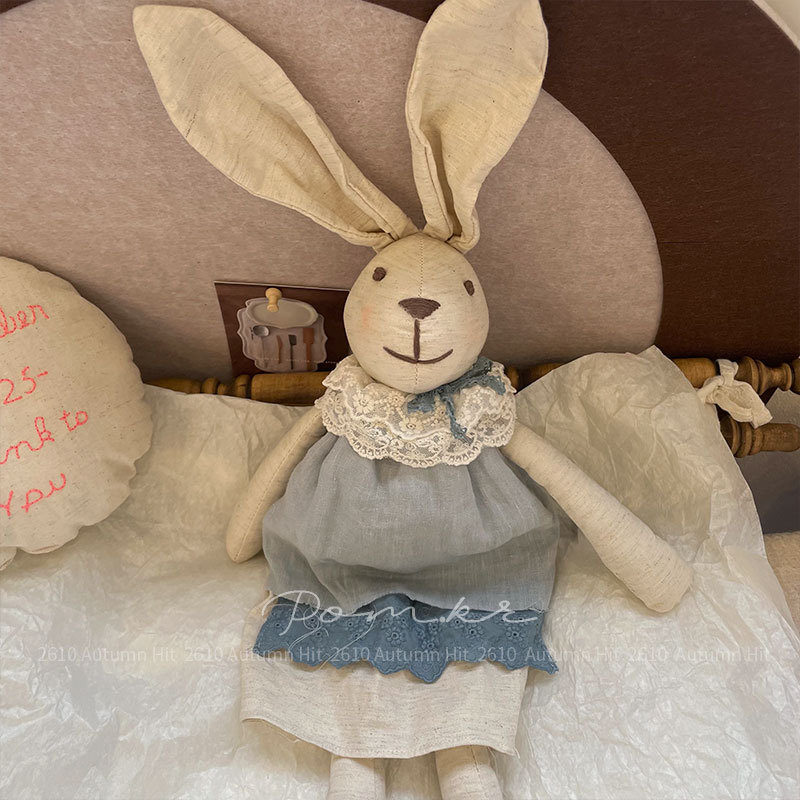 Nueva versión coreana paño hecho a mano algodón lino muñeca de conejo falda de encaje para niños juguetes calmantes hogar mujer Pom.kr vintage lino largo orejas conejo muppet cuello de encaje vestido bicolor suave disponible pic 5