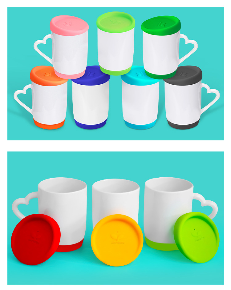 Heat transfer printed white core silicone cup with silicone lid and base, blank coating advertising coating white mug pic 8