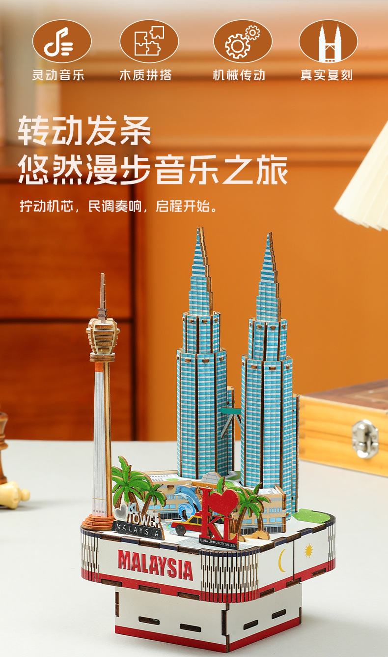 Chao Tong Cultural and Creative Music Box, diy 3D jigsaw puzzle, architectural model, wooden toy, educational assembly toy pic 2