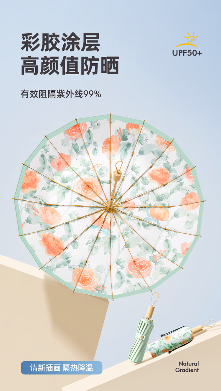 三折彩胶手动16骨遮阳伞加大晴雨两用防紫外线折叠太阳伞现货厂家详情8