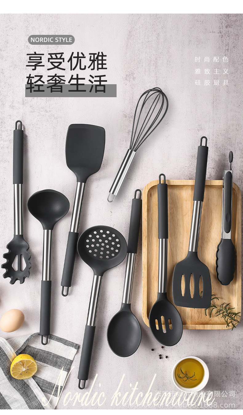 硅胶厨具9件套装不锈钢手柄防烫烘焙勺铲烹饪工具详情17