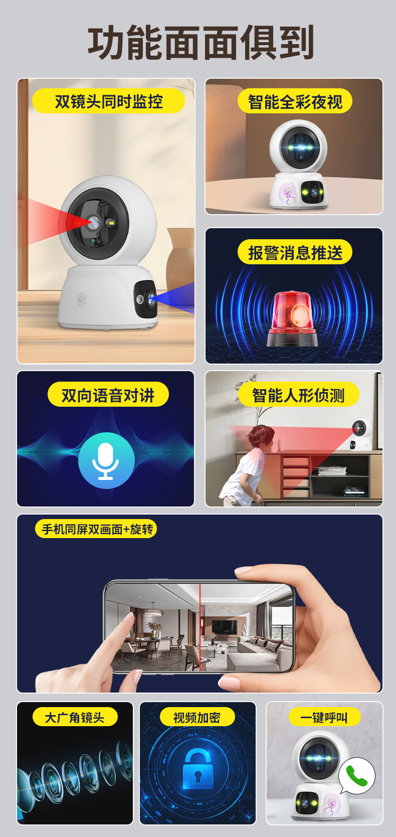 跨境双镜头监控摄像头全景夜视高清家用无线WiFi摄像机联动摇头机详情4